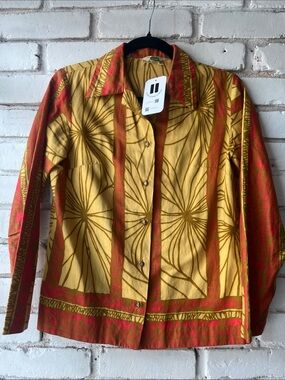 Golden Floral Button-Front Shirt with Rust Accents Alex Colman 70s